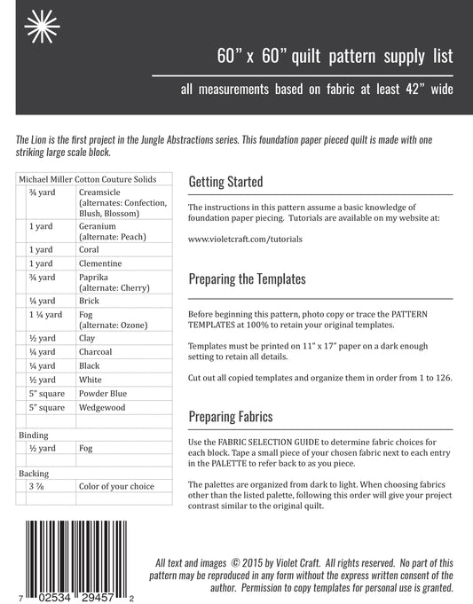 Jungle Abstractions : The Lion Kit FPP Quilt Pattern by Violet Craft