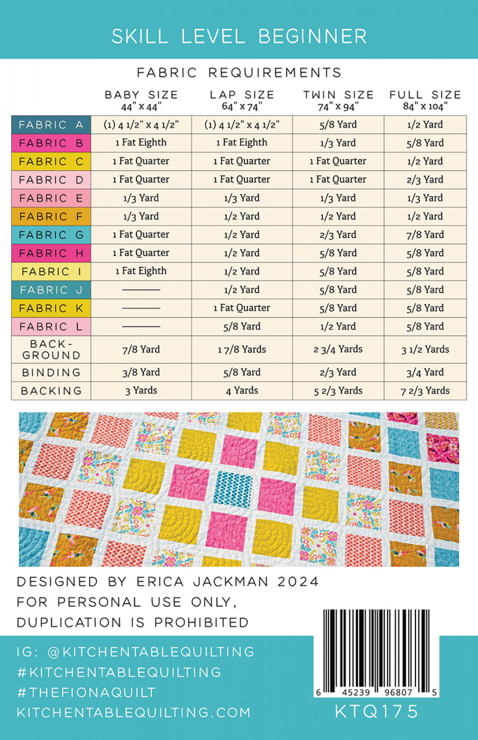 The Fiona Quilt Pattern # KTQ175 - Special Order