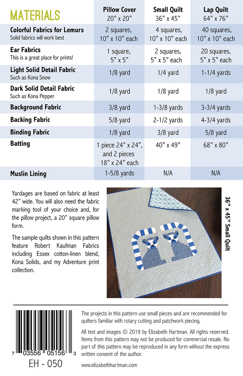 Lana Lemur Quilt Pattern by Elizabeth Hartman