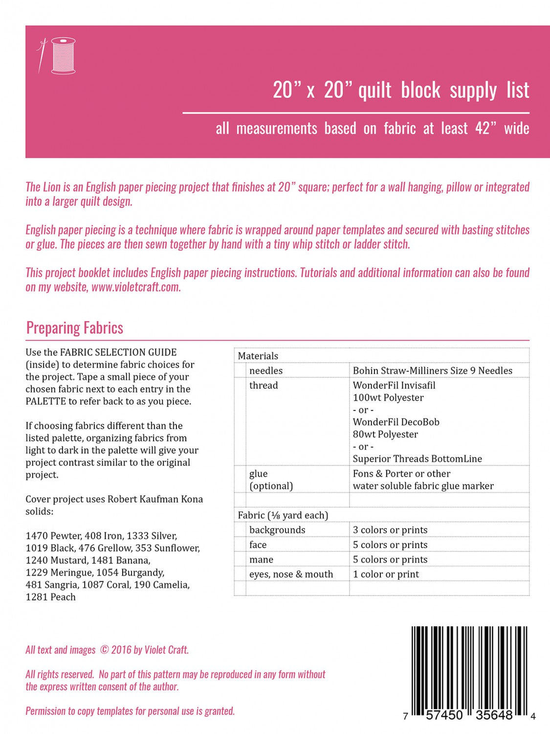 Lion English Paper Piecing Project by Violet Craft