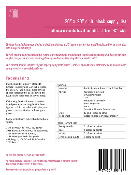 Lion English Paper Piecing Project by Violet Craft