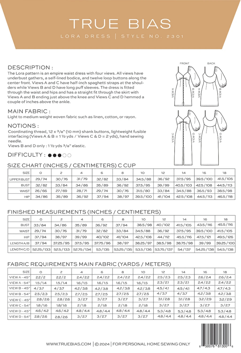 Lora Dress Pattern by TrueBias Patterns : Size 0-18 - Special Order