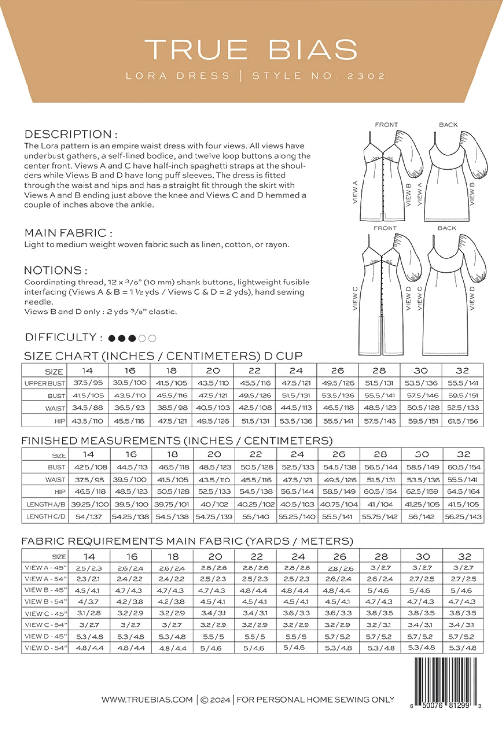 Lora Dress Pattern by TrueBias Patterns : Size 14-32 - Special Order