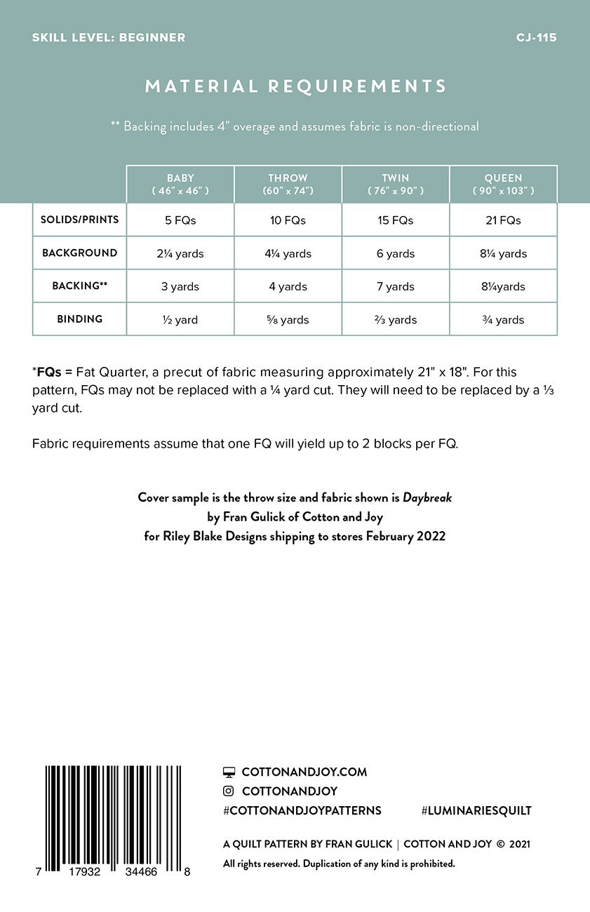 Luminaries Quilt Pattern by Cotton and Joy