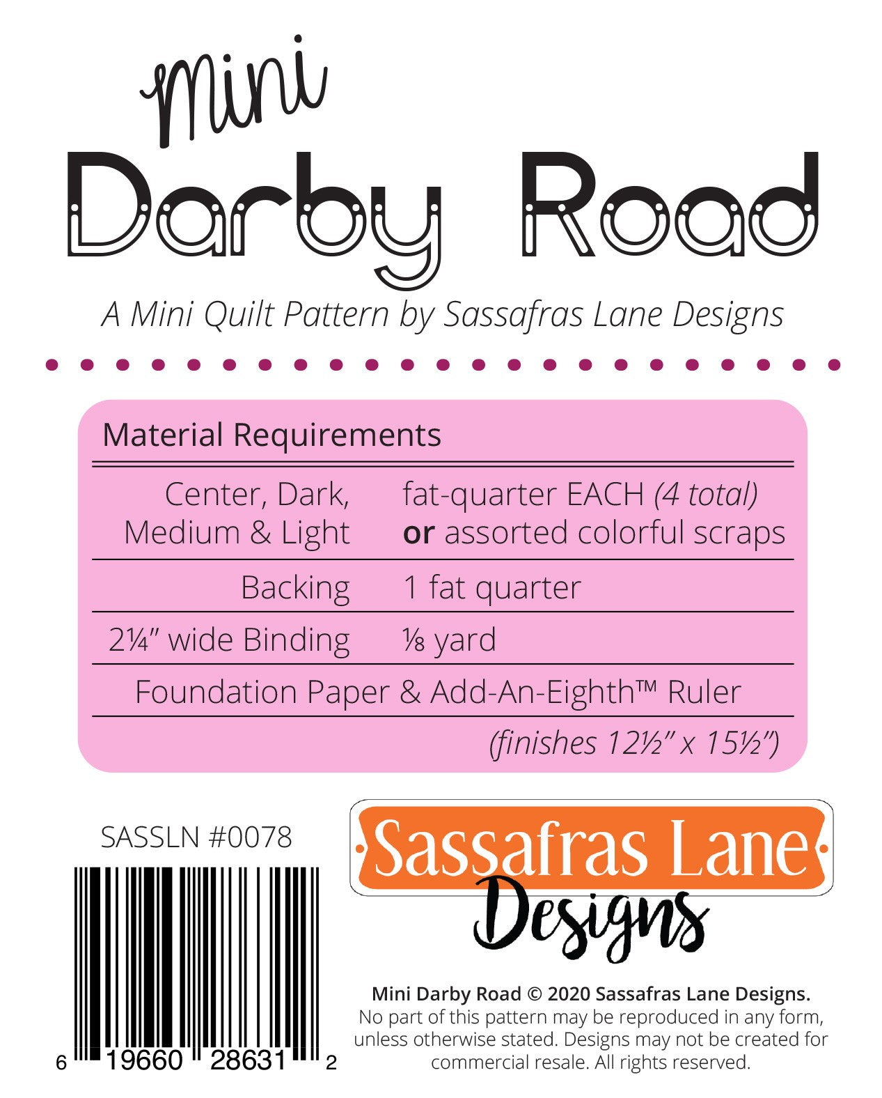 Mini Darby Road Quilt Pattern by Sassafras Lane - Special Order