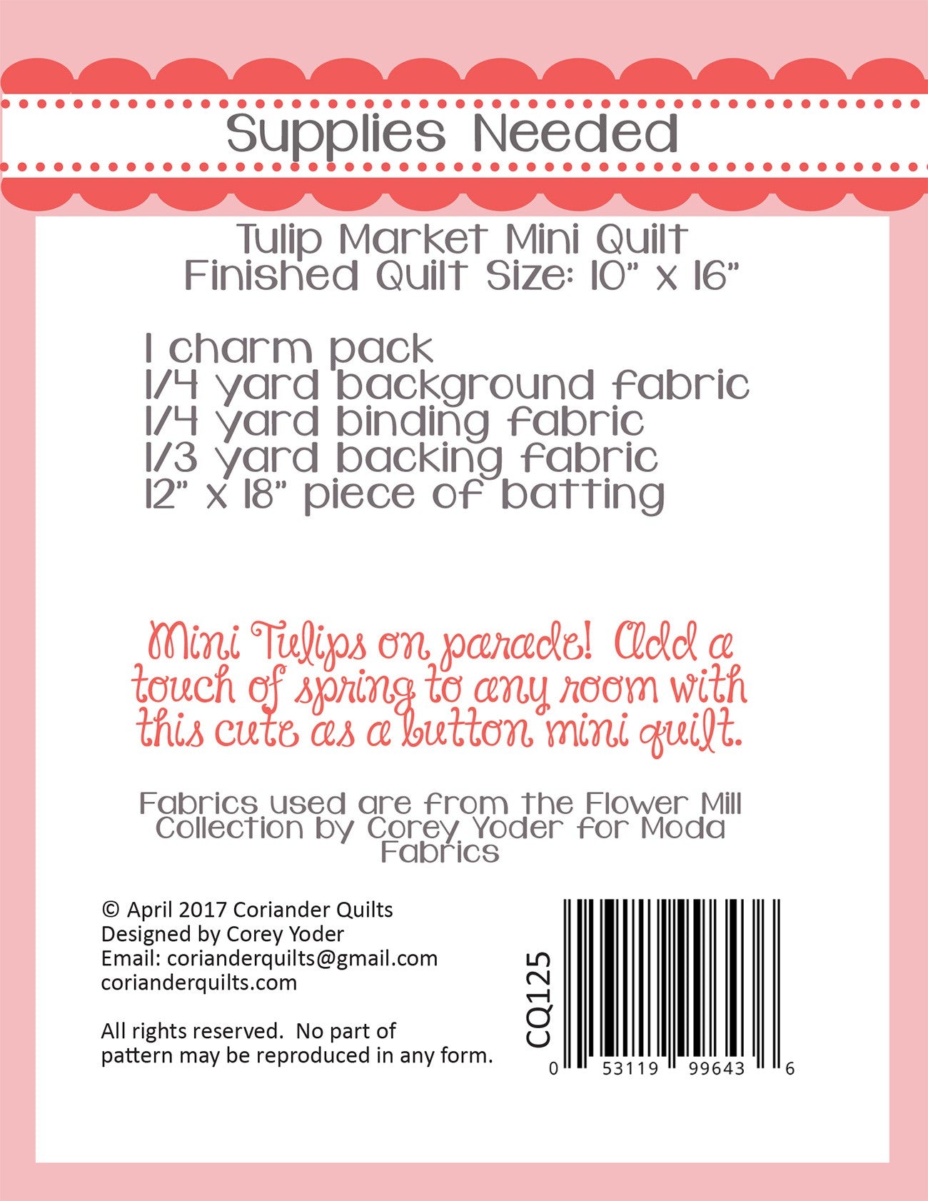 Mini Tulip Market Quilt Pattern by Coriander Quilts - Special Order