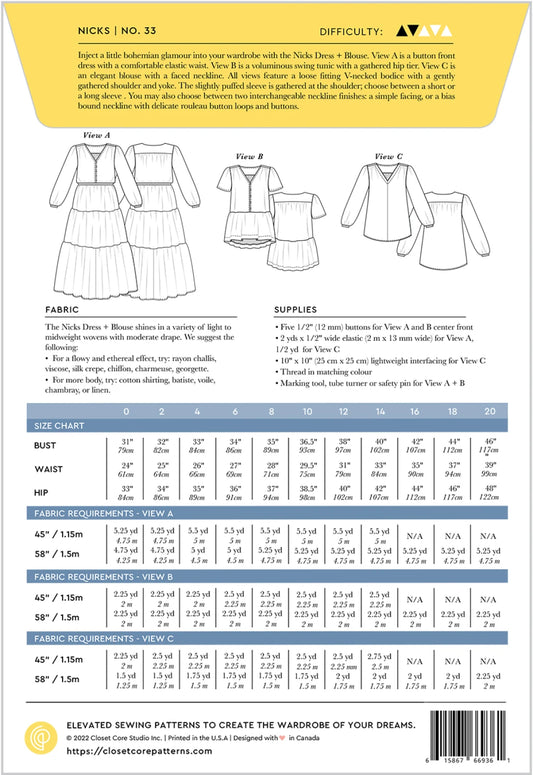 Nicks Dress & Blouse Pattern by Closet Core Patterns - Special Order