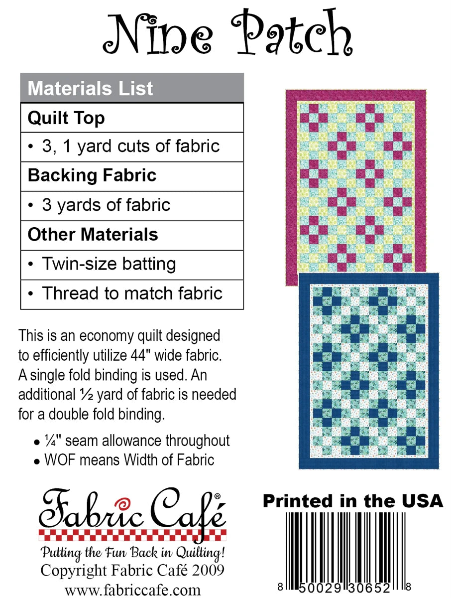 Nine Patch Quilt Pattern by Fabric Cafe