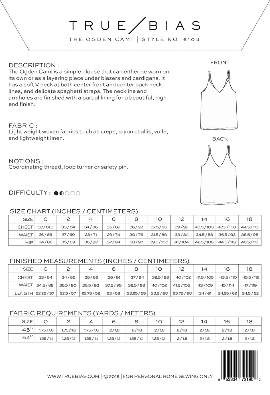 Ogden Cami Pattern by TrueBias Patterns : Size 14-32 - Special Order