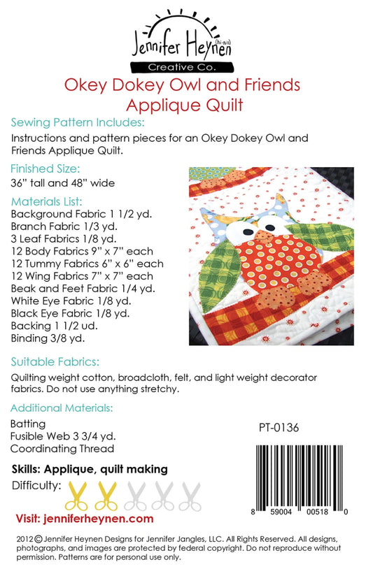 Okey Dokey Owl and Friends Applique Quilt Pattern by Jennifer Haynen JJSP0136