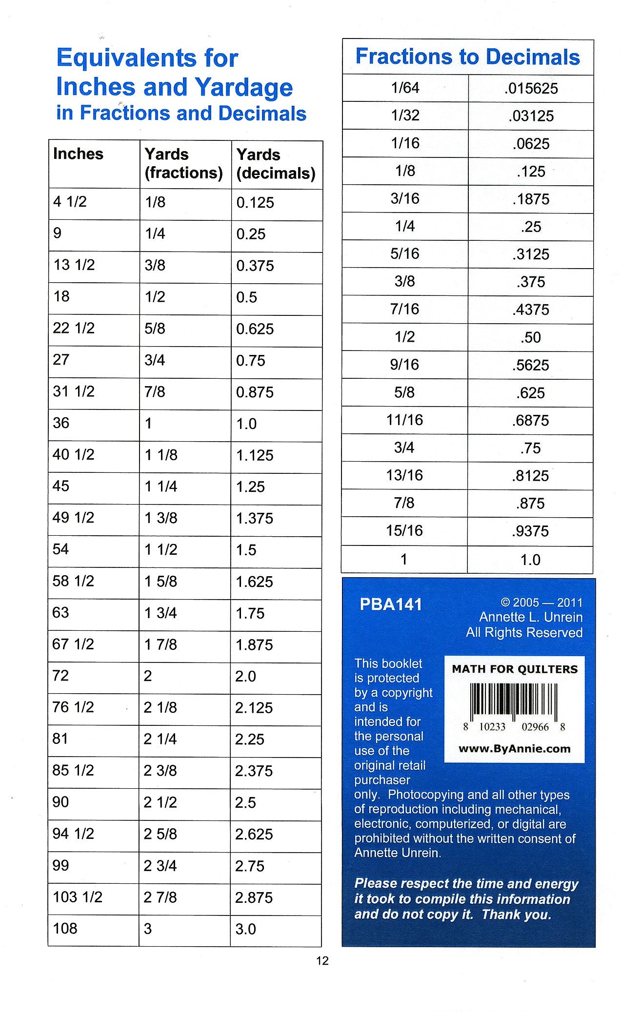 Math for Quilters Quick Reference Booklet # PBA141 - Special Order