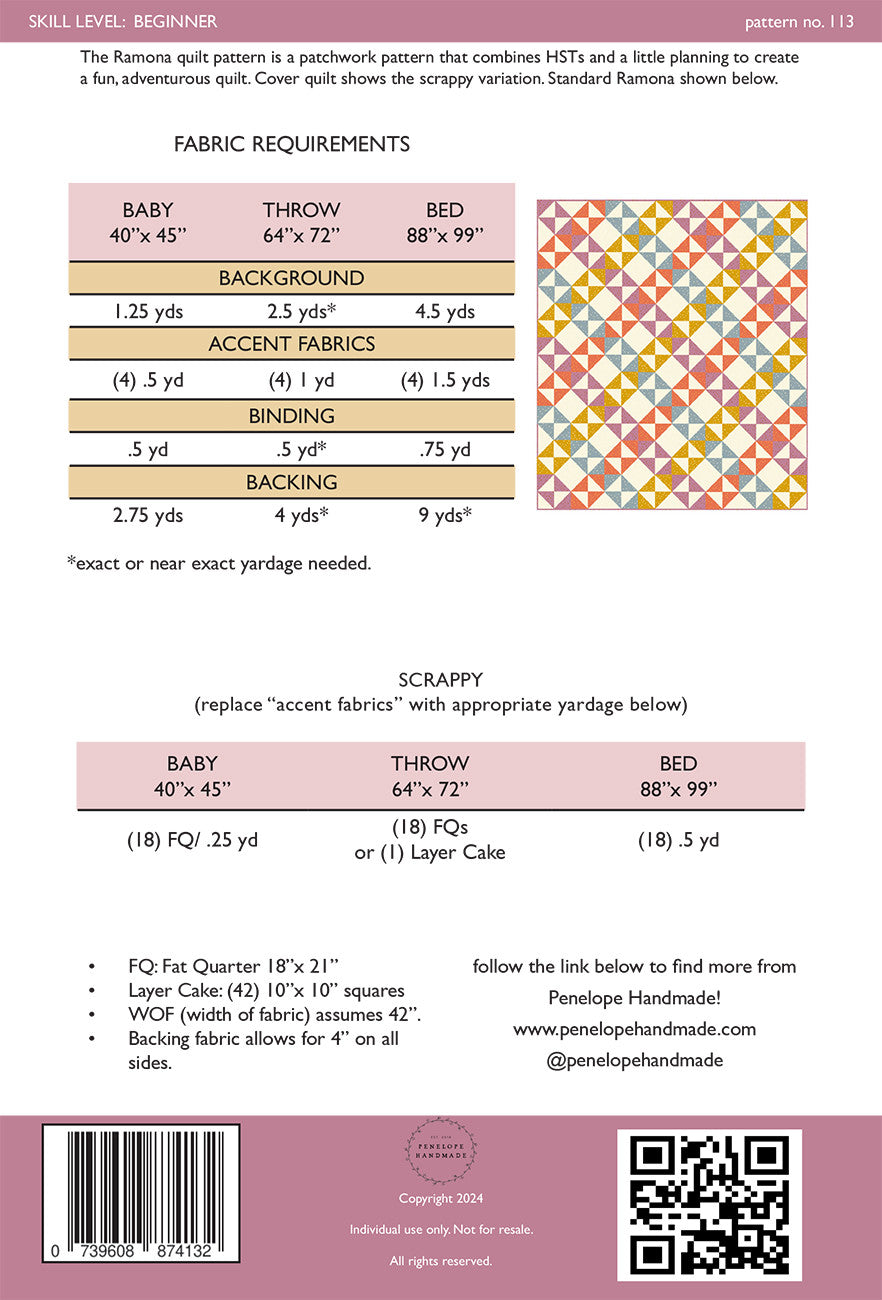 Ramona Quilt Pattern # PHM113 - Special Order - Expected to ship after 10-20-24