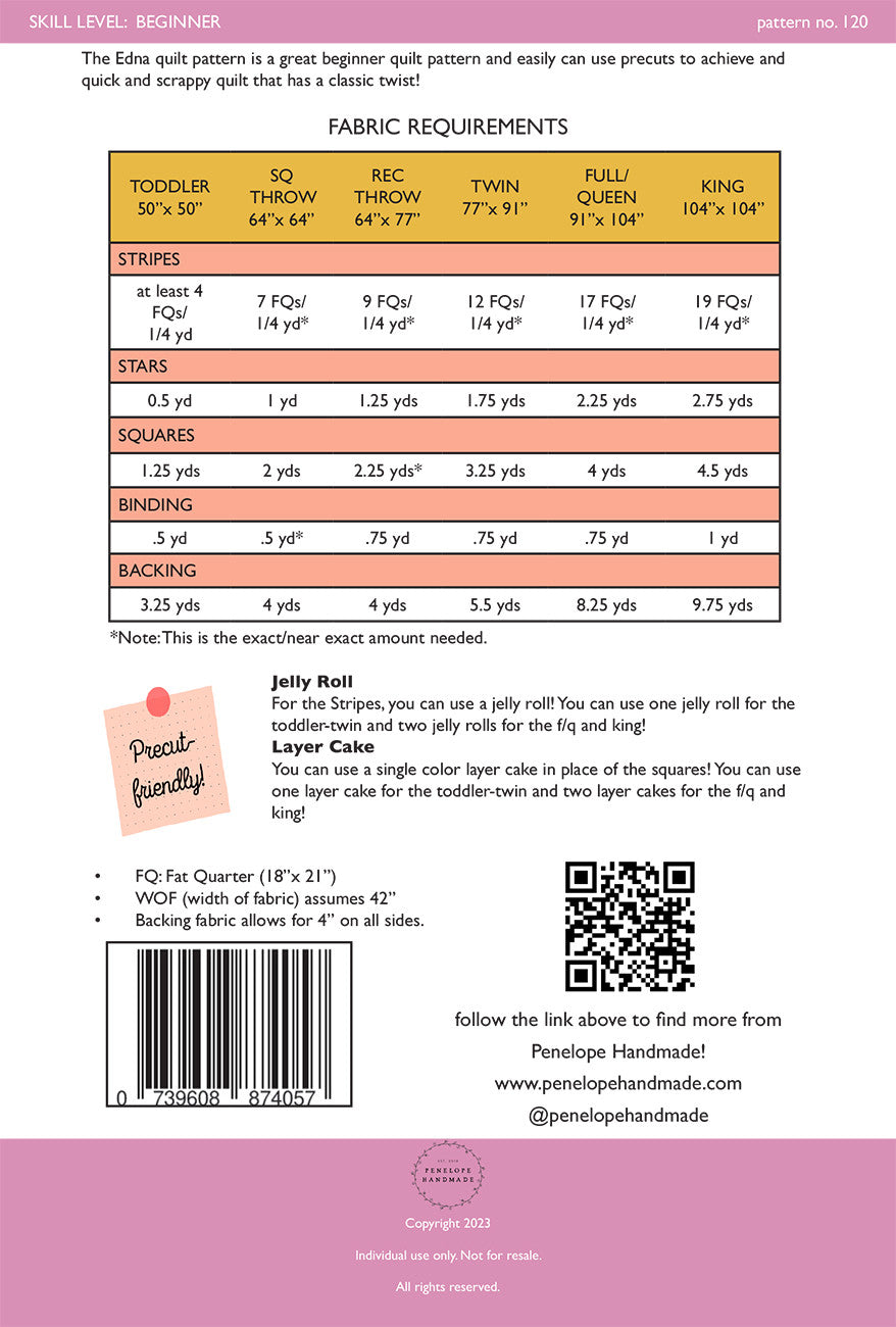 Edna Quilt Pattern # PHM120- Special Order