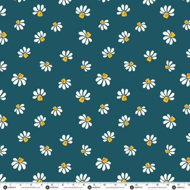 Patchwork and Petals by KP Creates : Cheerful Blooms Midnight Teal A-10618-T