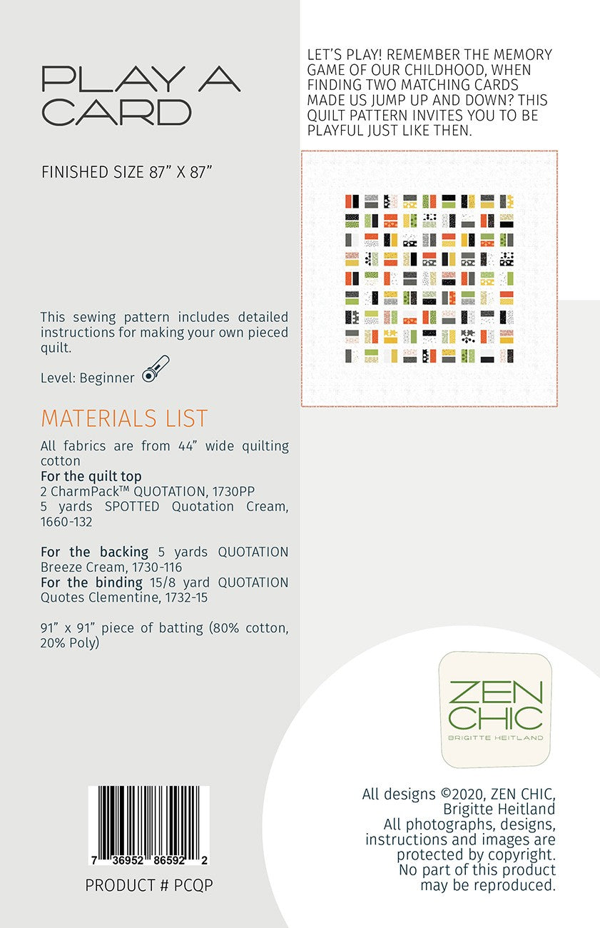 Play A Card Quilt Pattern by Zen Chic