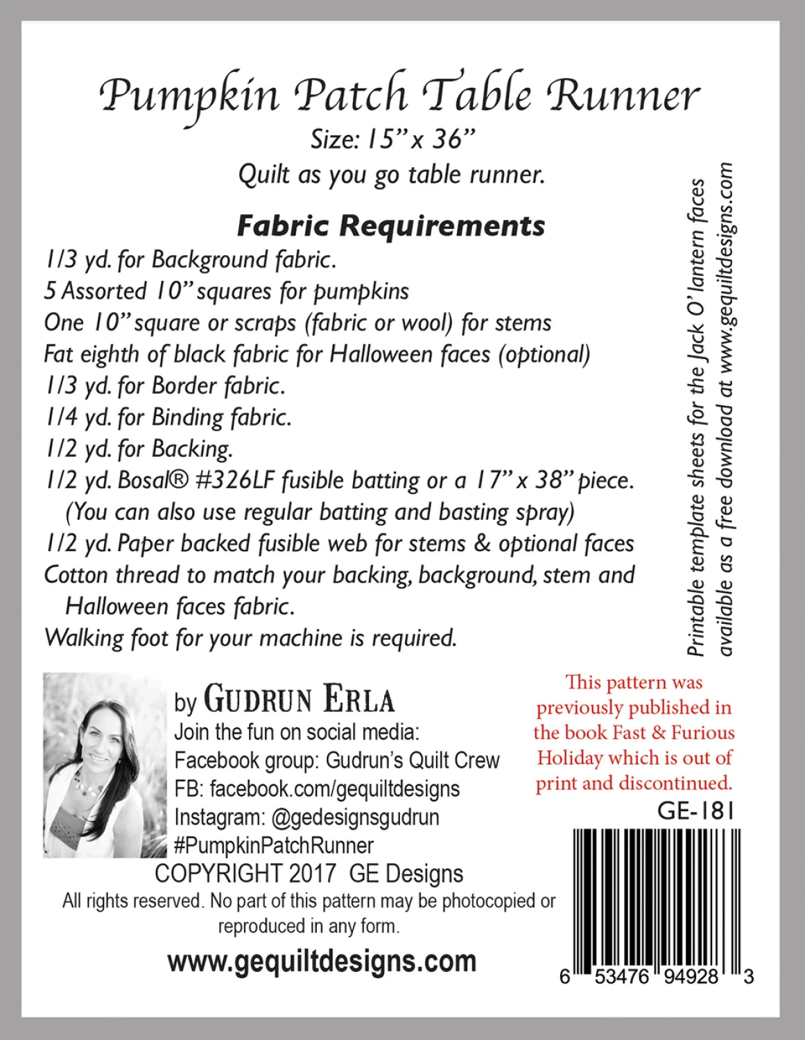 Pumpkin Patch Halloween Table Runner Pattern by GE Designs GE181