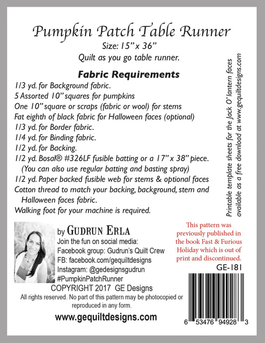 Pumpkin Patch Halloween Table Runner Pattern by GE Designs GE181