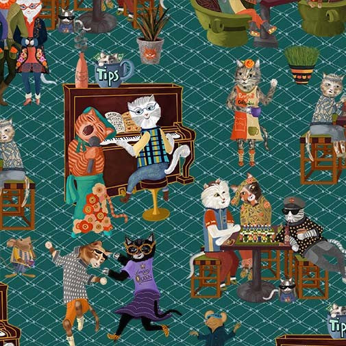 Purrsuit of Coffeeness by Cindy Jackson : Coffee Cat DDC12479-TEAL-D