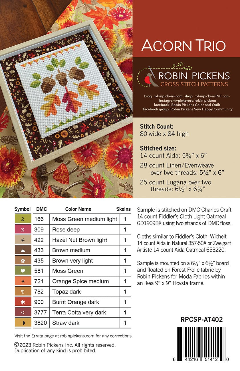 Acorn Trio Cross Stitch Pattern # RPCSP-AT402 - Special Order - Will Ship After 10-25-2024