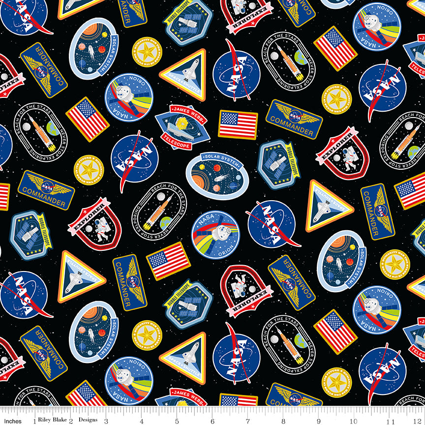Reach For The Stars with NASA by Riley Blake Designs : Patches Black C18331-BLACK
