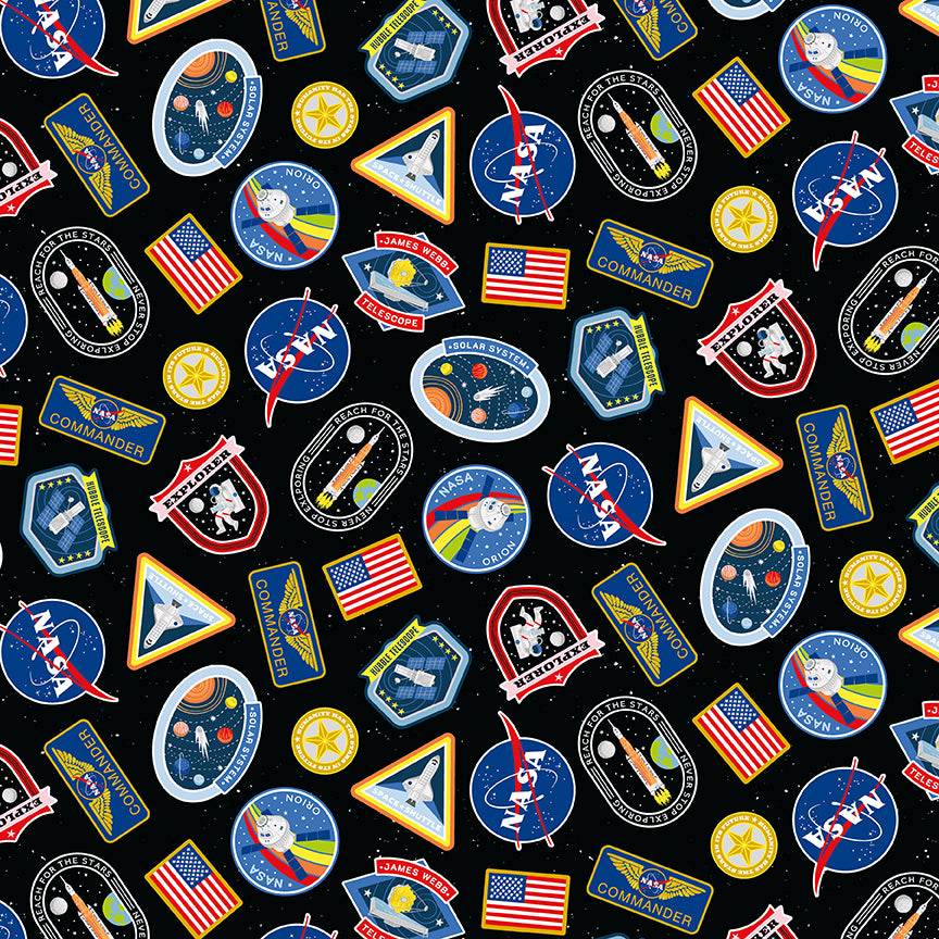 Reach For The Stars with NASA by Riley Blake Designs : Patches Black C18331-BLACK