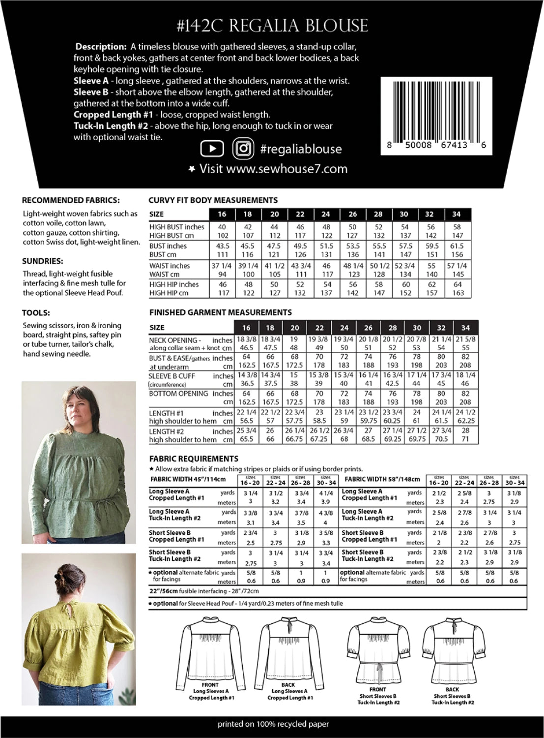 Regalia Blouse Pattern by Sew House Seven - Size 16-34 - Special Order