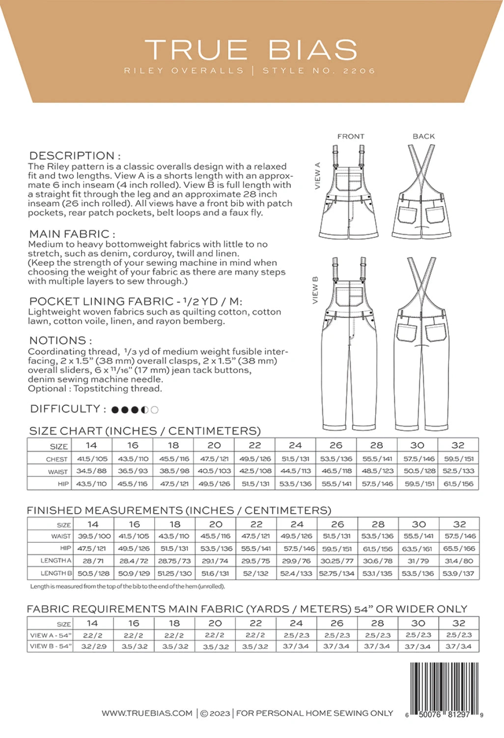 Riley Overall Pattern by TrueBias Patterns : Size 14-32 - Special Order