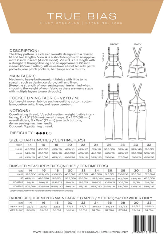 Riley Overall Pattern by TrueBias Patterns : Size 14-32 - Special Order