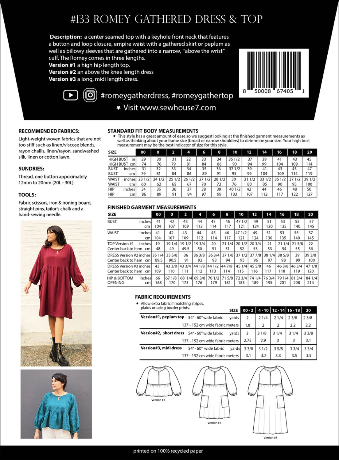 Romney Gathered Dress & Top Pattern by Sew House Seven - Size 00-20 - Special Order