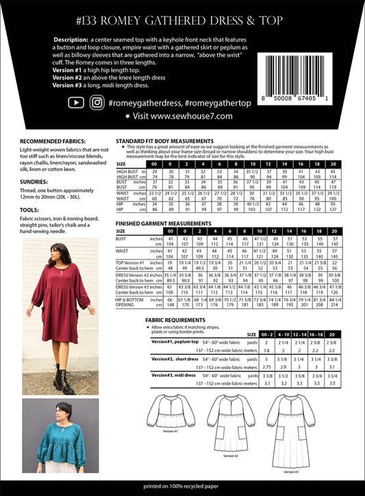 Romney Gathered Dress & Top Pattern by Sew House Seven - Size 00-20 - Special Order