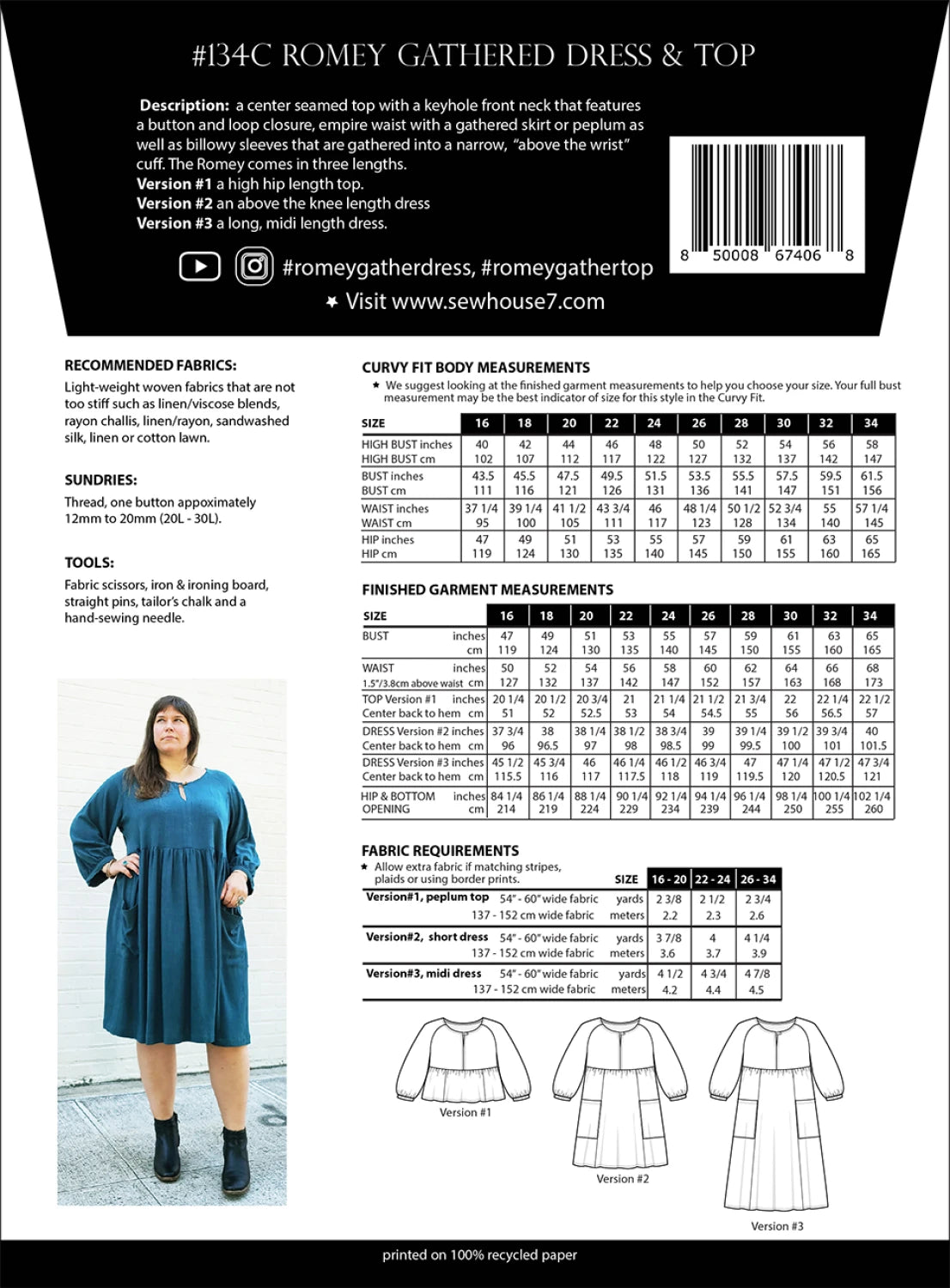 Romney Gathered Dress & Top Pattern by Sew House Seven - Size 16-34 - Special Order