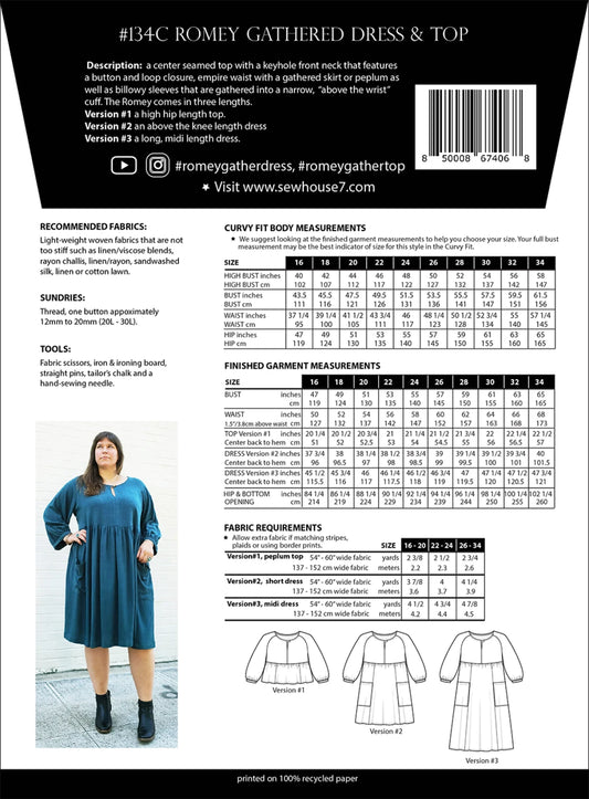 Romney Gathered Dress & Top Pattern by Sew House Seven - Size 16-34 - Special Order