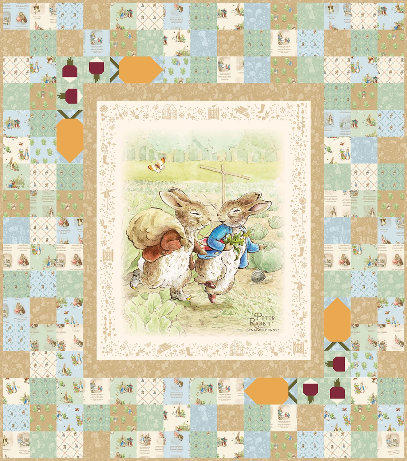Peter Rabbit & Benjamin Bunny : Peter's Garden Digitally Printed Quilt Top
