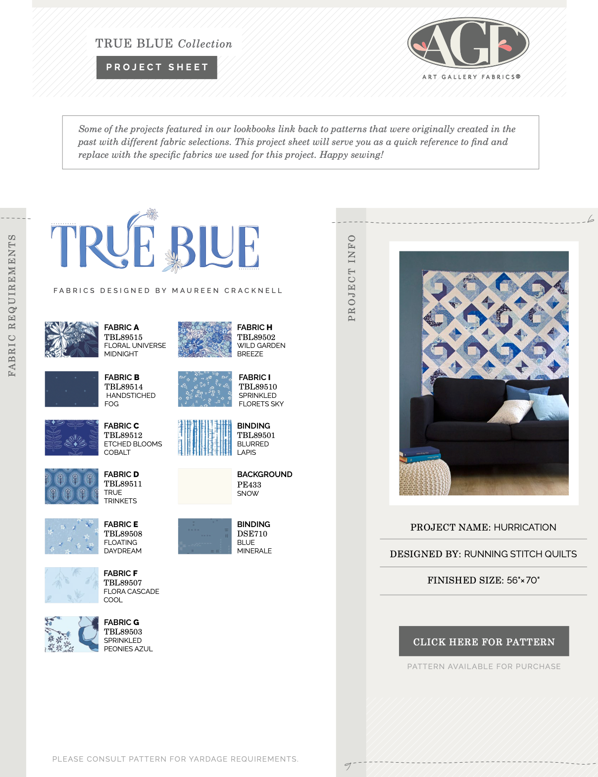 True Blue par Maureen Cracknell : Kit de courtepointe Hurrication