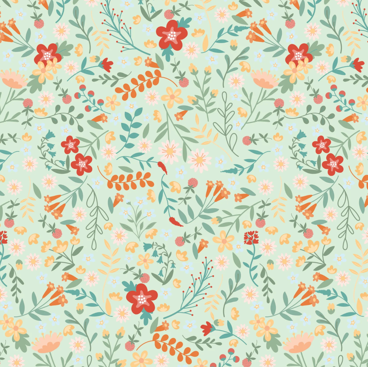 Mushroom Blooms by Poppie Cotton : Tossed Floral Mint (Estimated Ship Date Aug. 2024)