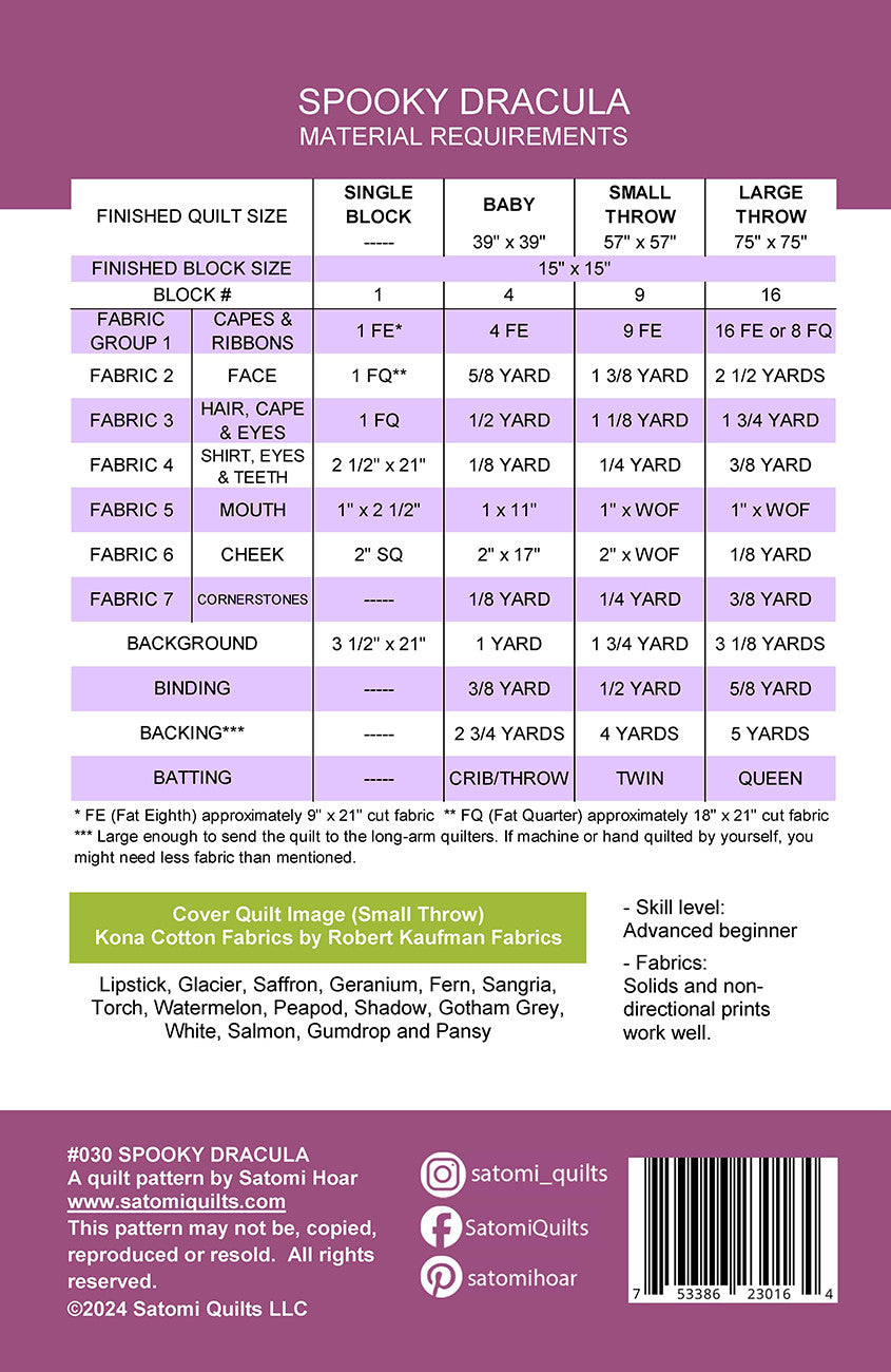 Spooky Dracula Quilt Pattern by Satomi Quilts