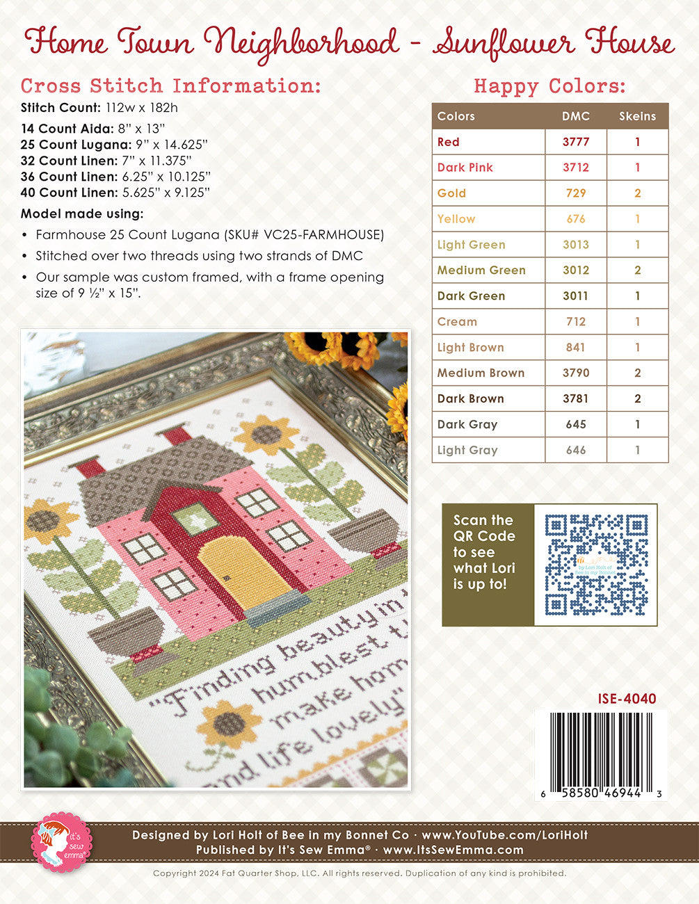 Sunflower House Cross Stitch Home Town Neighborhood - October 2024 # ISE-4040 - Special Order