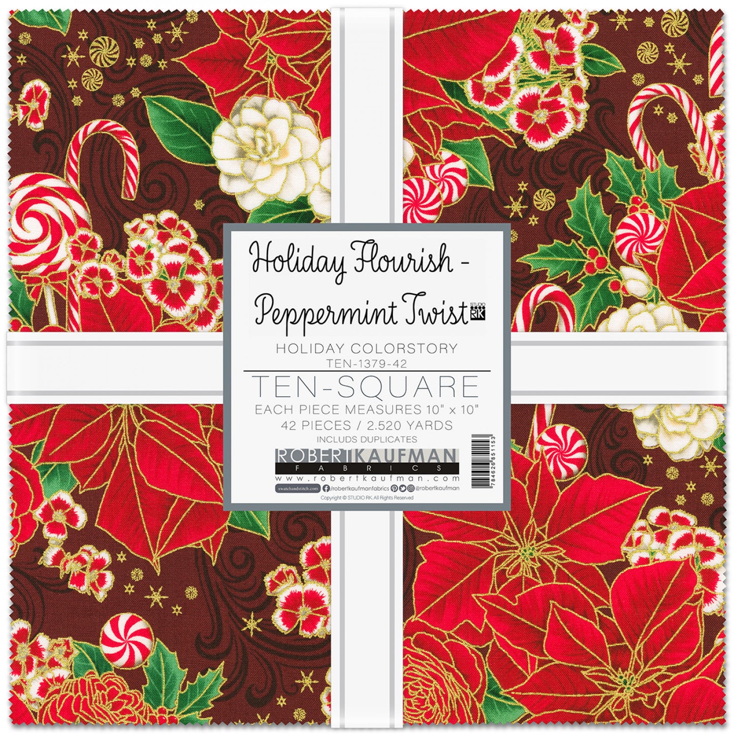 Holiday Flouish Peppermint Twist by RKF Collection - 10" Squares Pack -  Special Order (Expected July 2025)