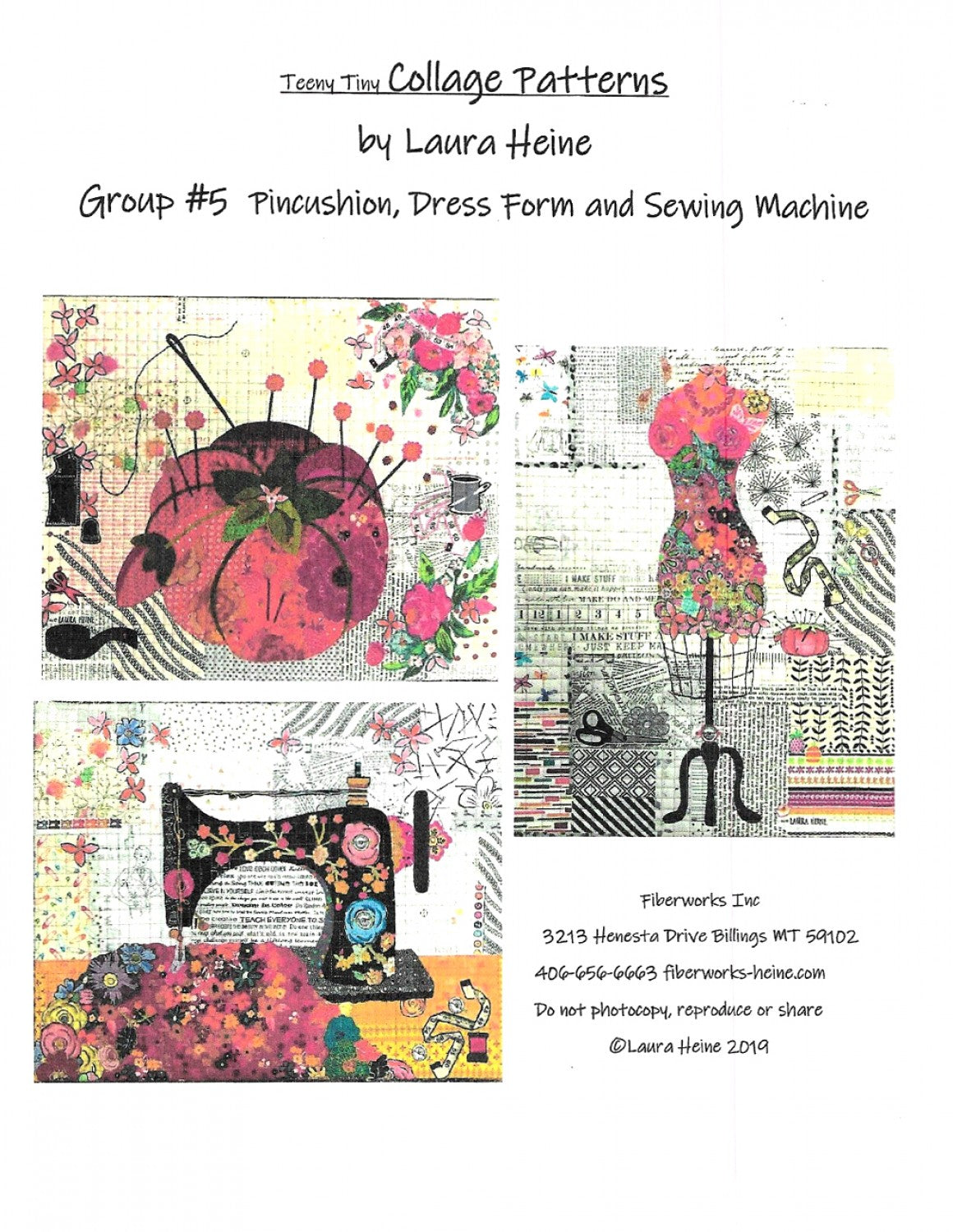 Teeny Tiny Group 5 Collage Pattern by Laura Heine - Pincushion, Dress Form and Sewing Machine.