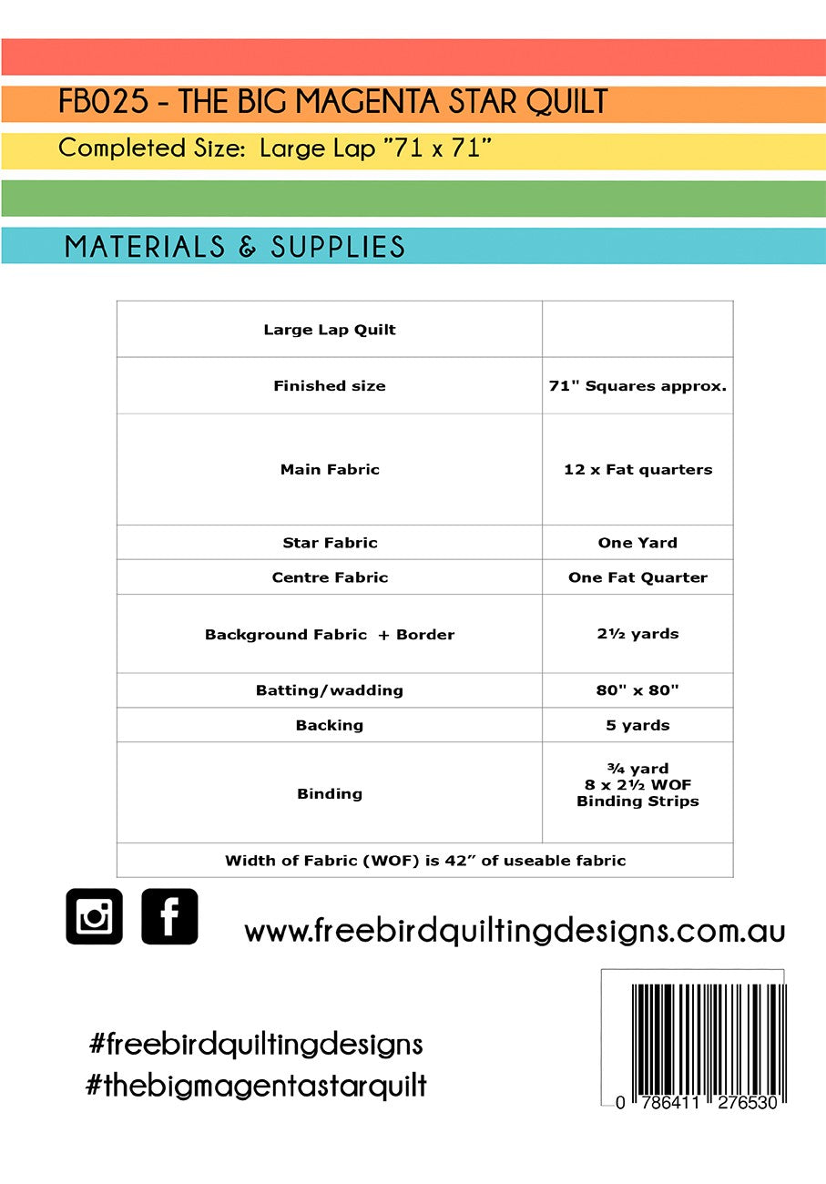 The Big Magenta Star Quilt Pattern by Free Bird Quilting Designs