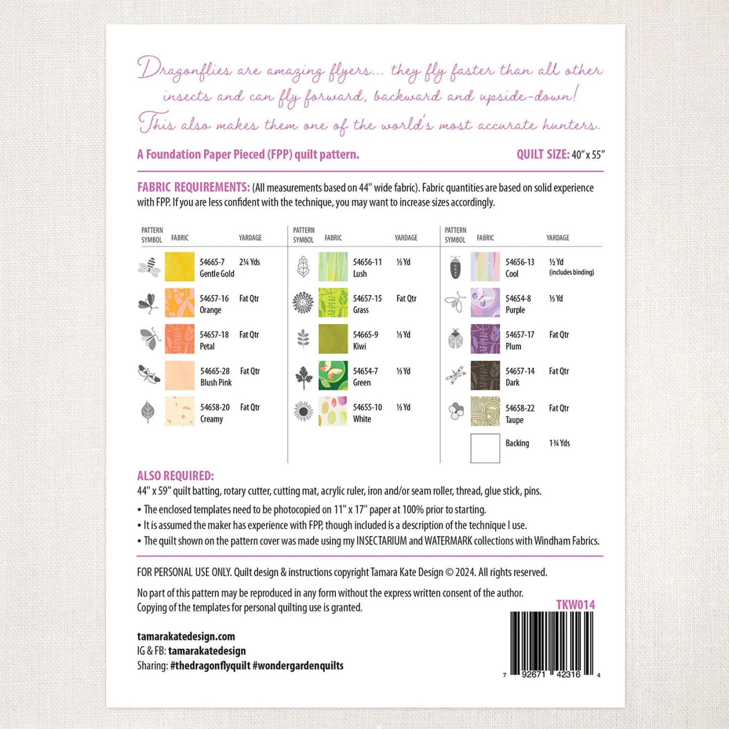 The Dragonfly No. 14 Quilt Pattern by Tamara Kate TKW014 - Special Order