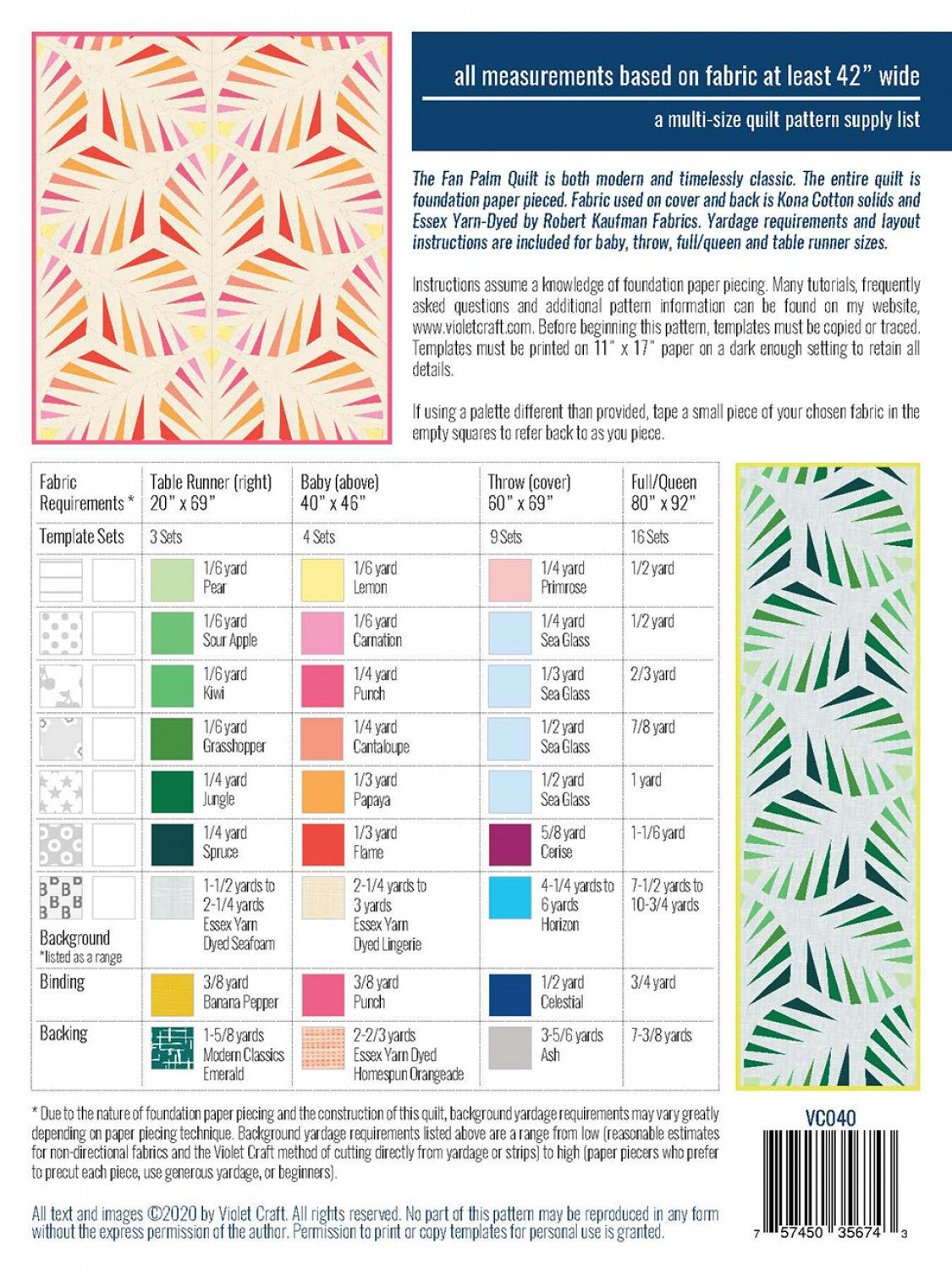 The Fan Palm FPP Quilt Pattern by Violet Craft