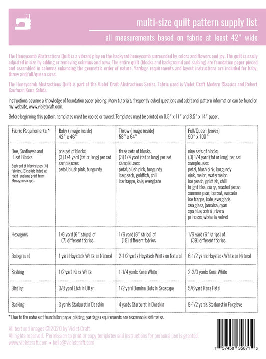 The Honeycomb Abstractions Quilt FPP Quilt Pattern by Violet Craft