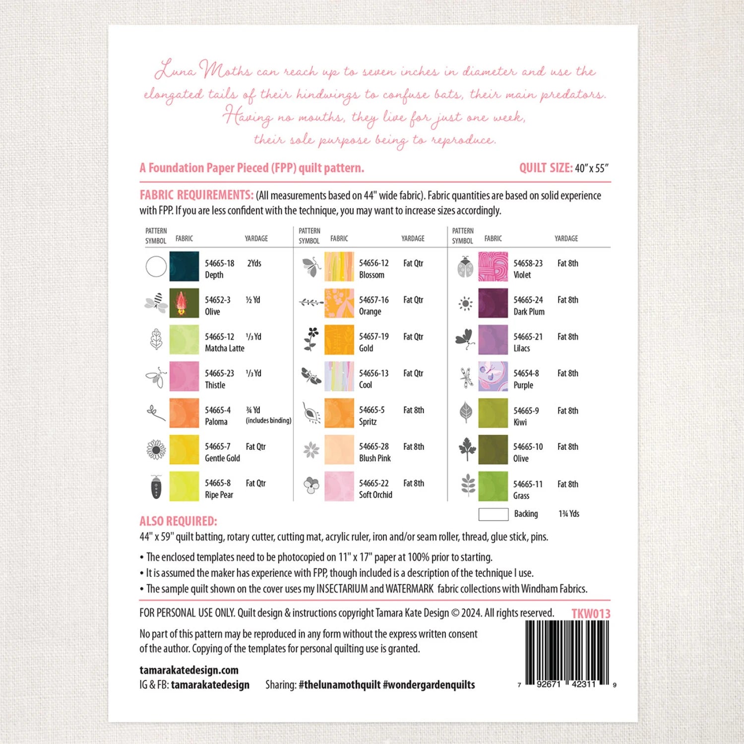 The Luna Moth Quilt Pattern # TKW013 - Special Order (Expected late May 2025)