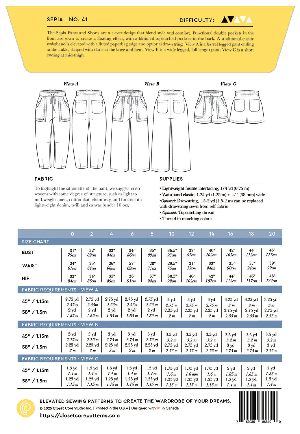 The Sepia Pants & Shorts Pattern by Closet Core Patterns - Special Order