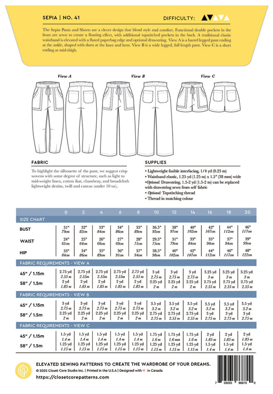The Sepia Pants & Shorts Pattern by Closet Core Patterns - Special Order