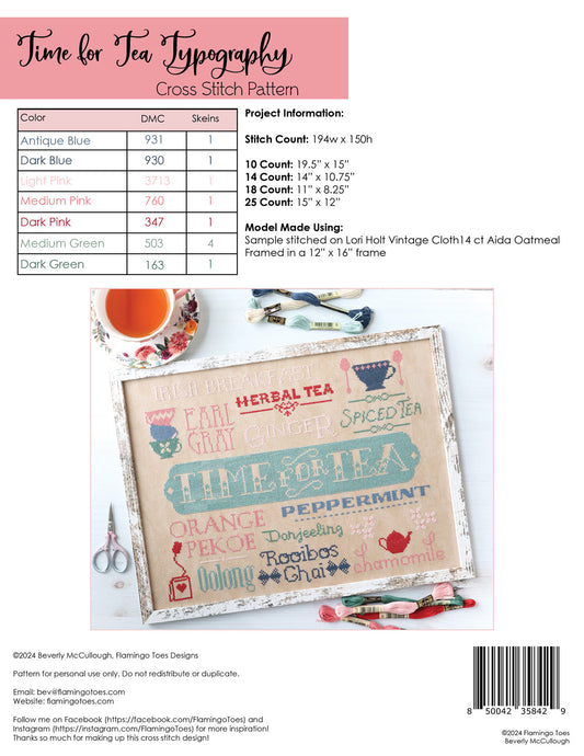 Time for Tea Typograph Cross Stitch Pattern # FT-8429 - Special Order