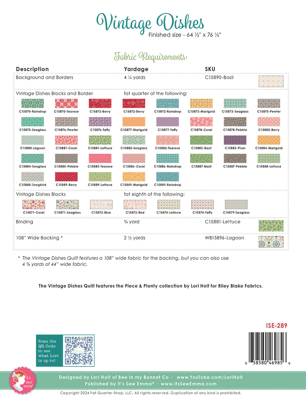 Vintage Dishes Quilt Pattern # ISE-289 - Special Order