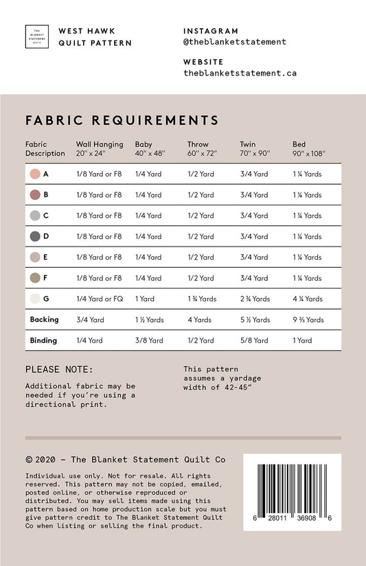 West Hawk Quilt Pattern # TBS-008 - Special Order