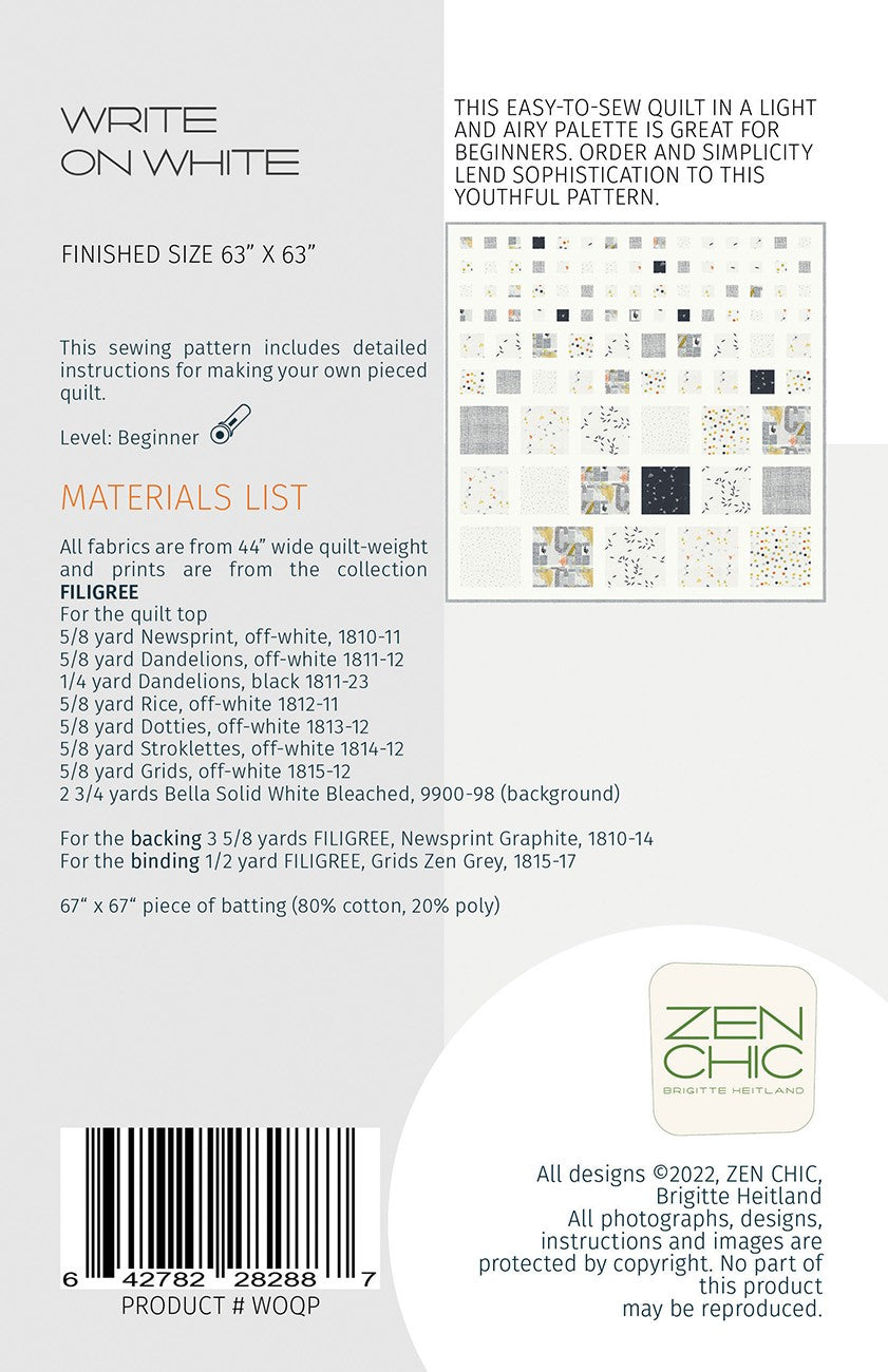 Write On White Quilt Pattern by Zen Chic